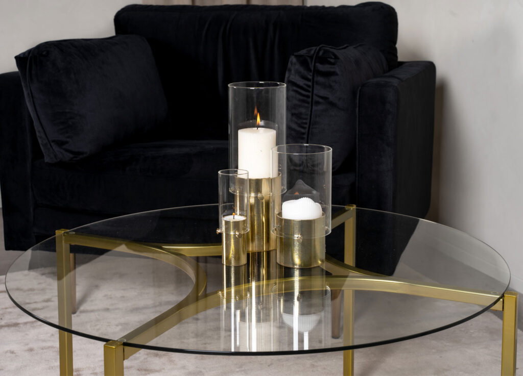 Table basse en verre ronde et pieds doré