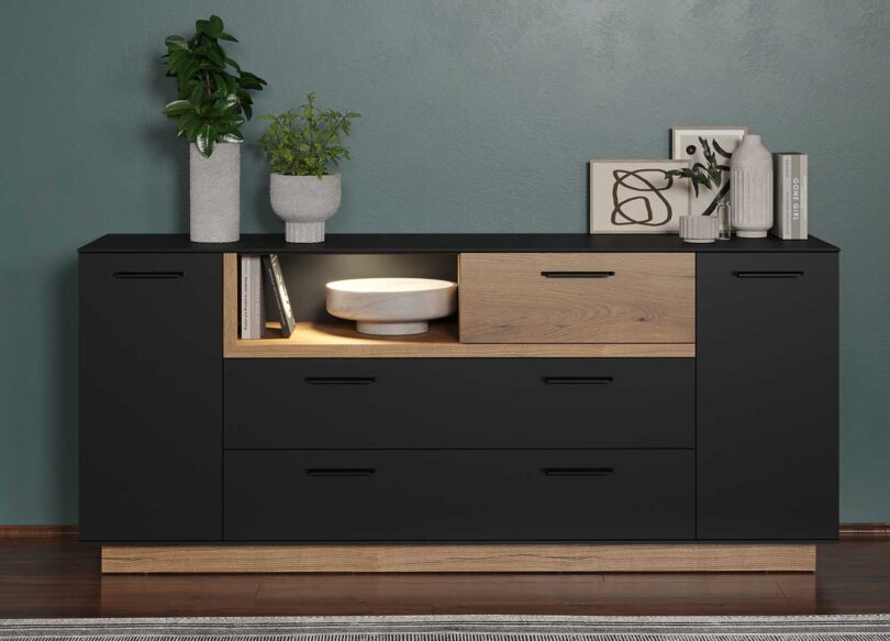 Meuble buffet bois et gris anthracite avec LED optionnelle