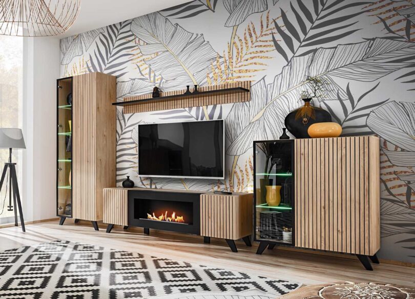 Ensemble de meubles de salon complet composé d'un meuble TV cheminée bio éthanol, une grande vitrine et une petite vitrine, ainsi qu'une étagère murale
