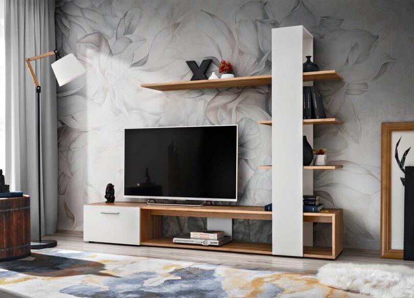 Meuble de télé blanc et bois complet