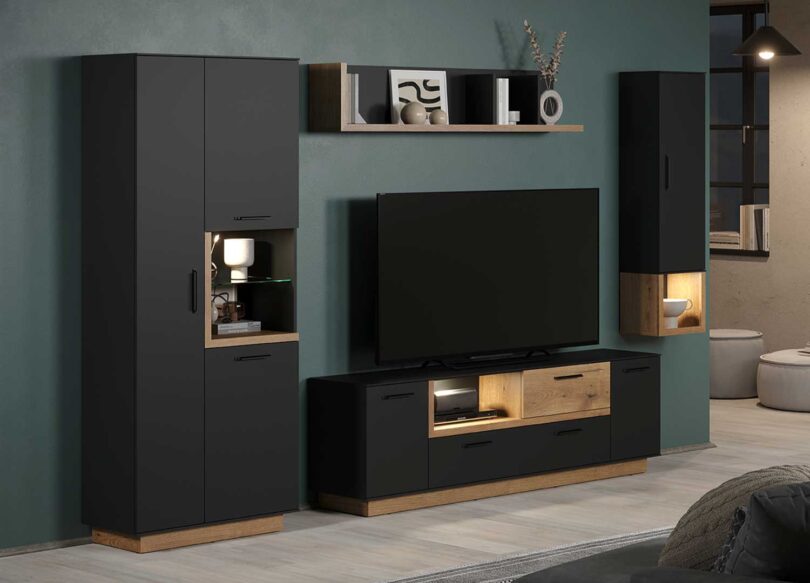 Meubles de télé pour salon en bois et noir moderne