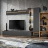 Ensemble TV gris et bois avec nombreux rangements ouverts