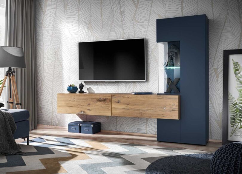Meuble de télé bois et bleu design