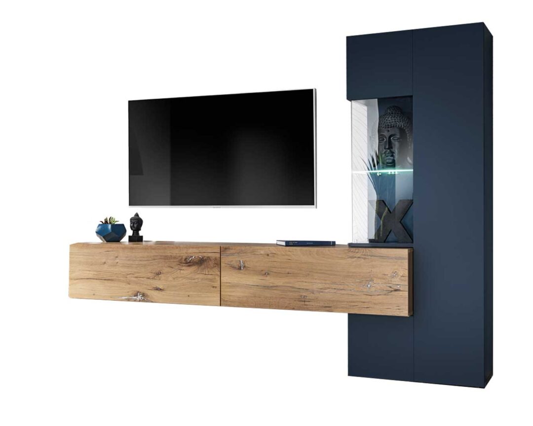Meuble TV complet bois et bleu canard moderne