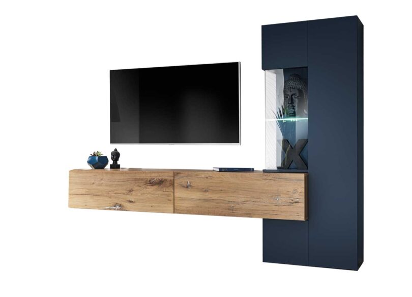 Meuble TV complet bois et bleu canard moderne