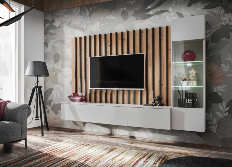 Meuble tv mural blanc avec mur tasseaux design