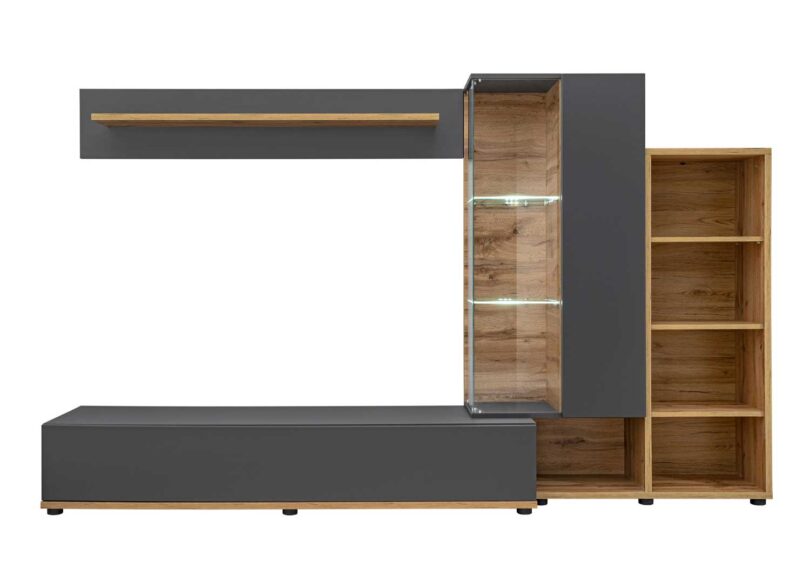 Ensemble TV avec nombreux rangements et LED sur étagères en verre