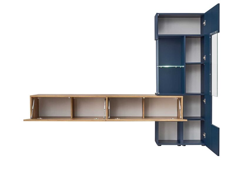 Ouverture du meuble tv mural bleu et bois