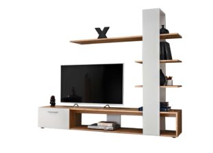 Meuble de télé avec rangements et étagères bois et blanc
