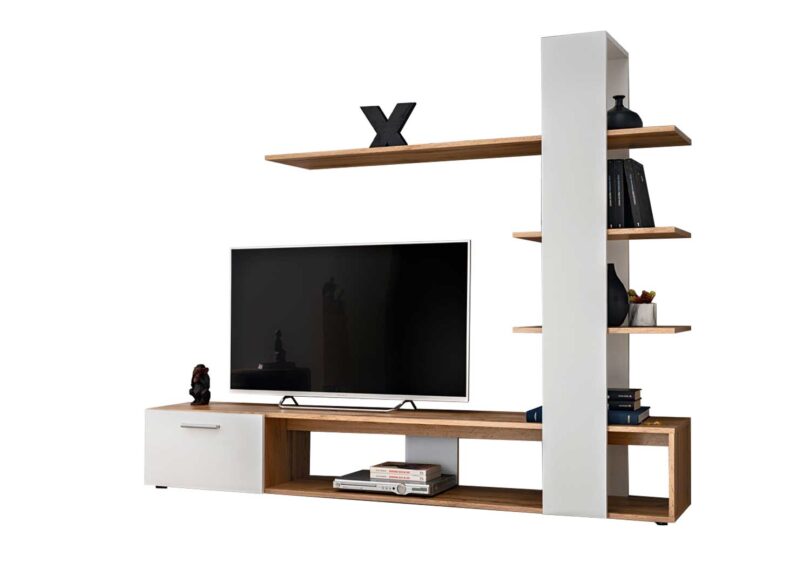 Meuble de télé avec rangements et étagères bois et blanc