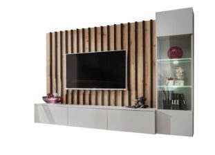 Meuble TV complet avec décor tasseaux noirs et bois