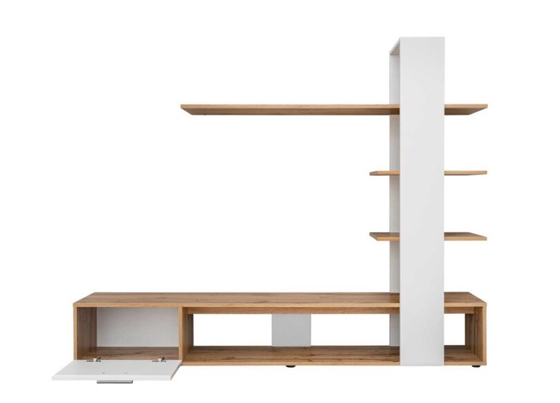 Meuble tv avec étagères et porte ouverte