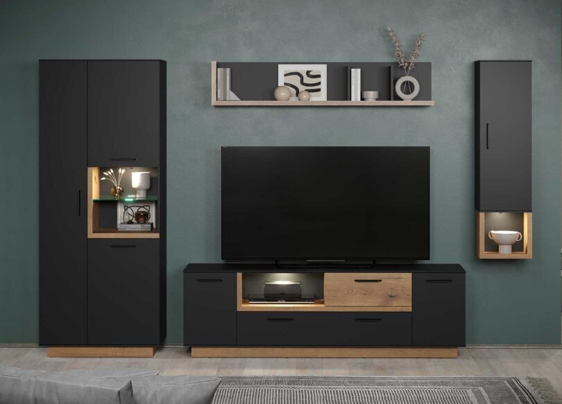 Ensemble TV moderne noir et aspect bois