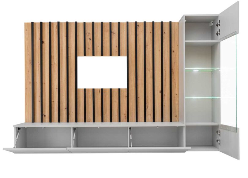 Ouverture du meuble TV complet avec vitrine éclairée par 2 leds
