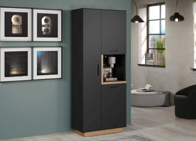 Vitrine haute pour salon salle à manger aspect noir