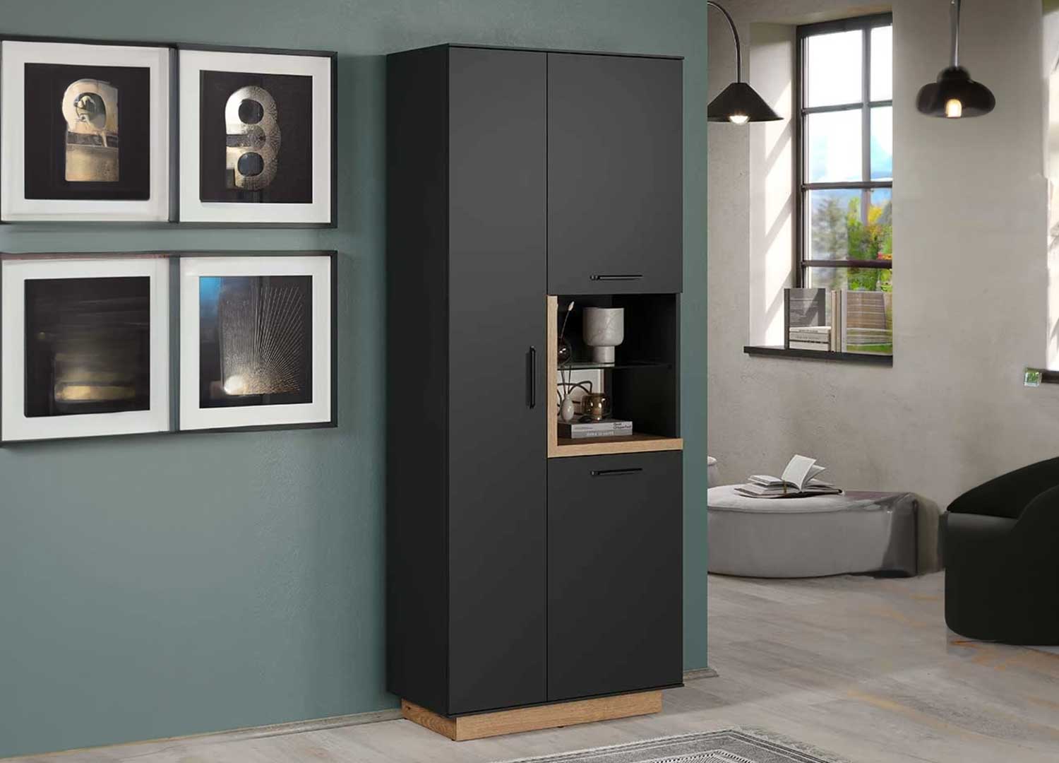 Rangement 2 portes et étagères ouvertes bois grisé et métal noir pour salon