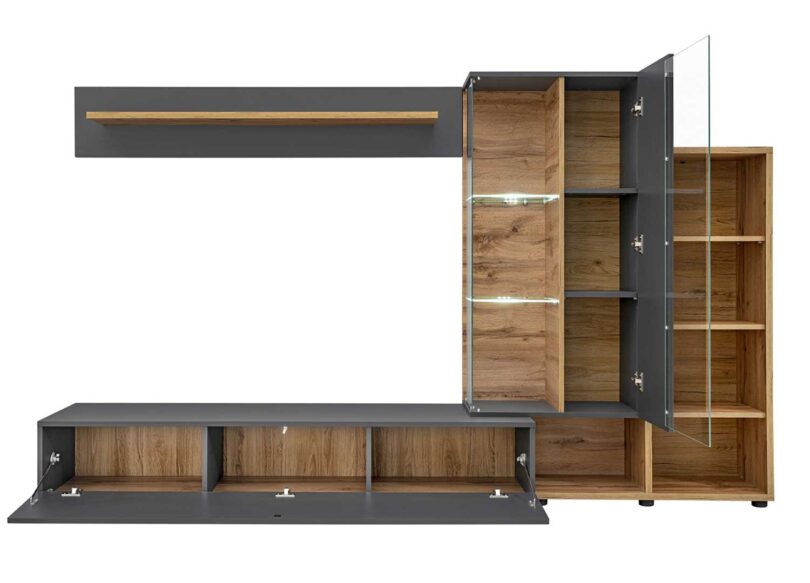 Ouverture du meuble de télé bois et gris design