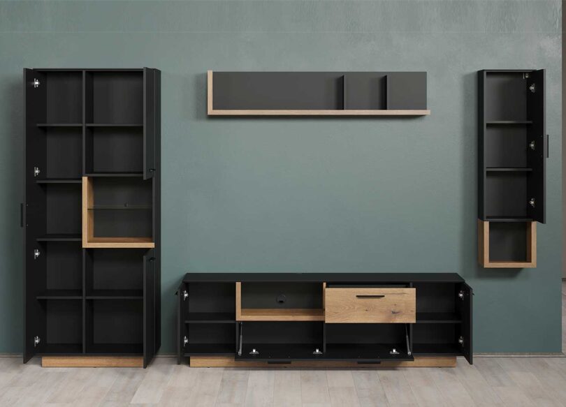 Ouverture des meubles de salon bois et noir