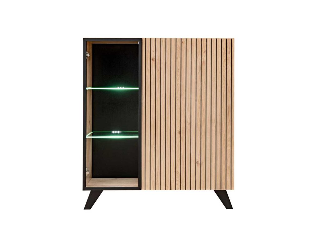 Petite vitrine tasseaux de bois avec LED et détails noirs