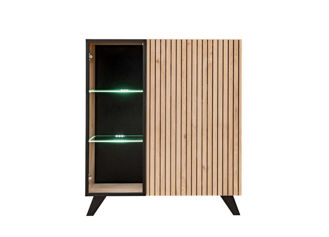 Petite vitrine aspect tasseaux de bois en façades avec porte vitrée