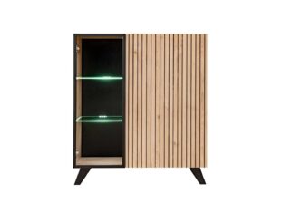 Petite vitrine aspect tasseaux de bois en façades avec porte vitrée