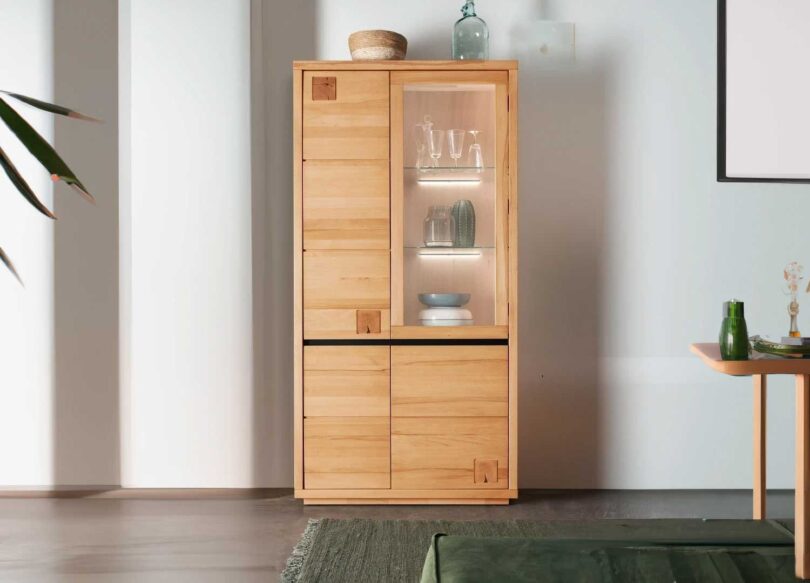Meuble vitrine haut en bois massif naturel