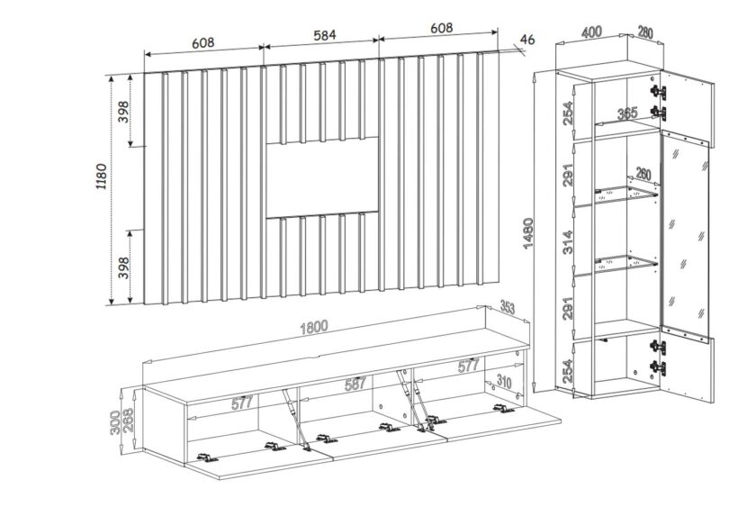 Dimensions de l'ensemble TV mural blanc et bois design moderne