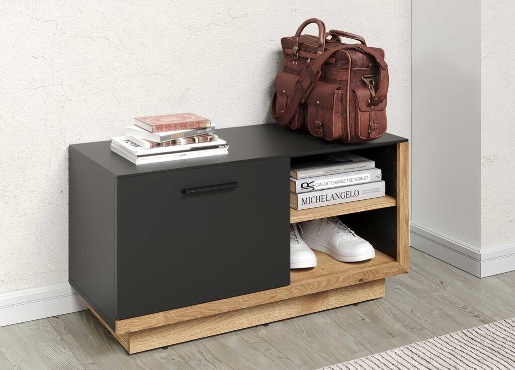 Banc d'entrée gris anthracite et aspect bois moderne