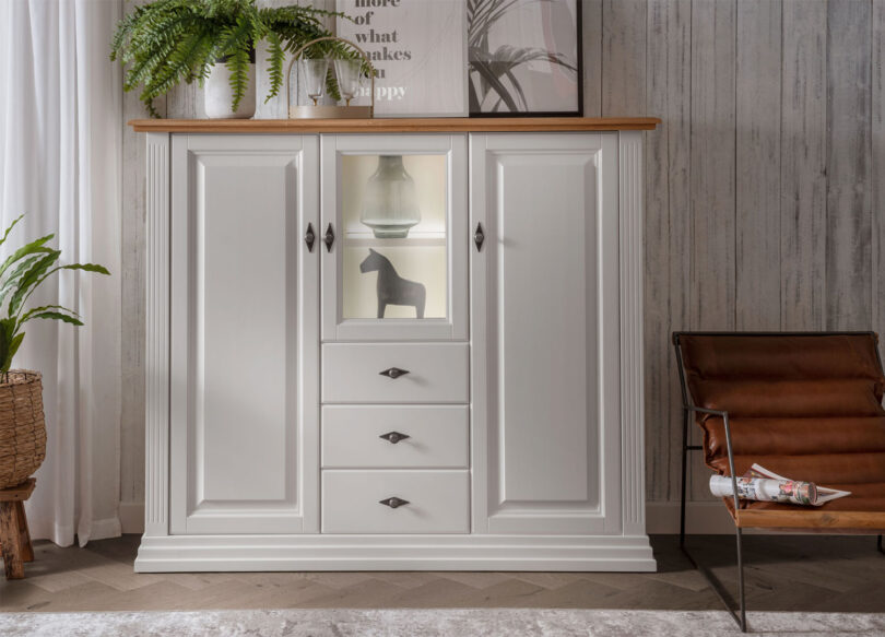 Meuble buffet en bois de pin massif avec vitre