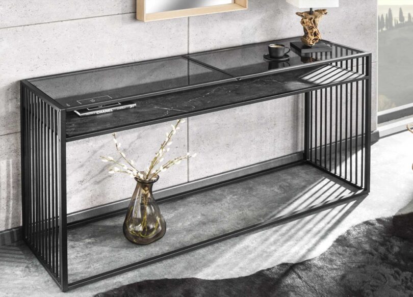 Meuble console marbre et métal noir