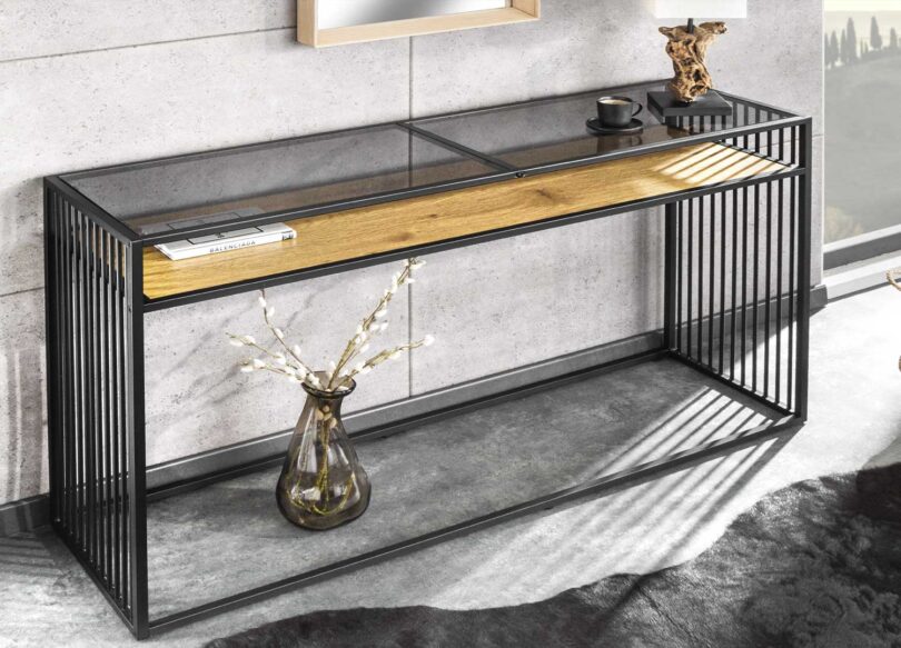 Meuble console bois et métal noir