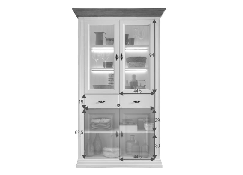 Dimensions de la vitrine double en bois de pin massif blanc