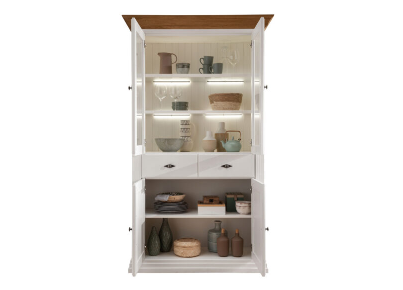 Ouverture de la vitrine double en bois de pin massif blanc