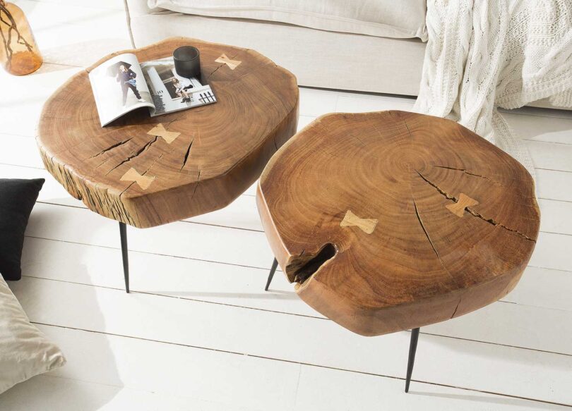 Table basse ronde en bois massif d'acacia irrégulier