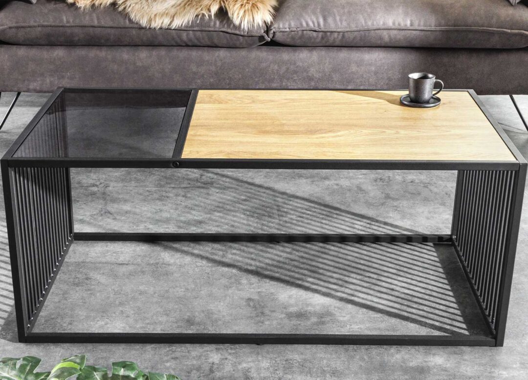 Table basse aspect bois et verre fumé
