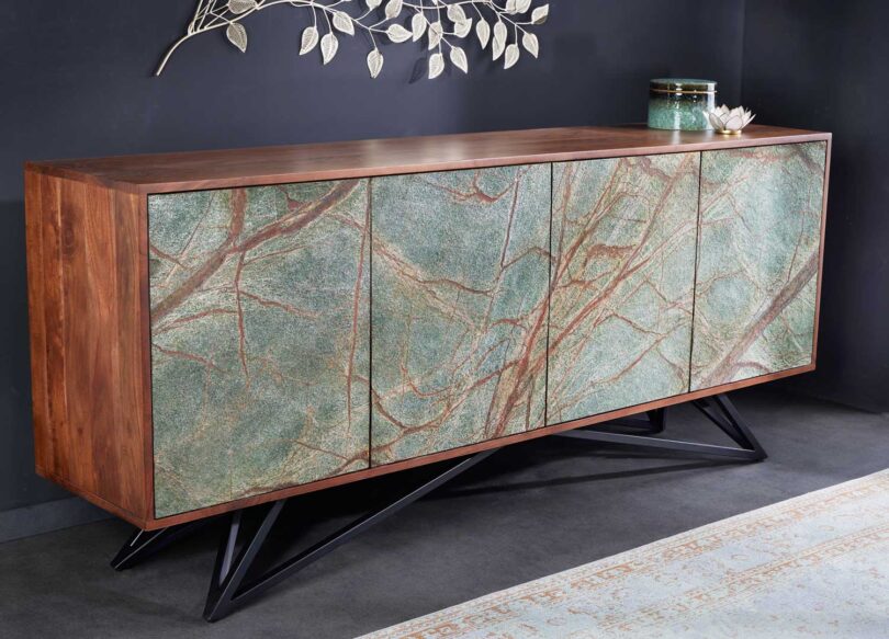 Meuble buffet en bois d'acacia massif et pierre naturelle