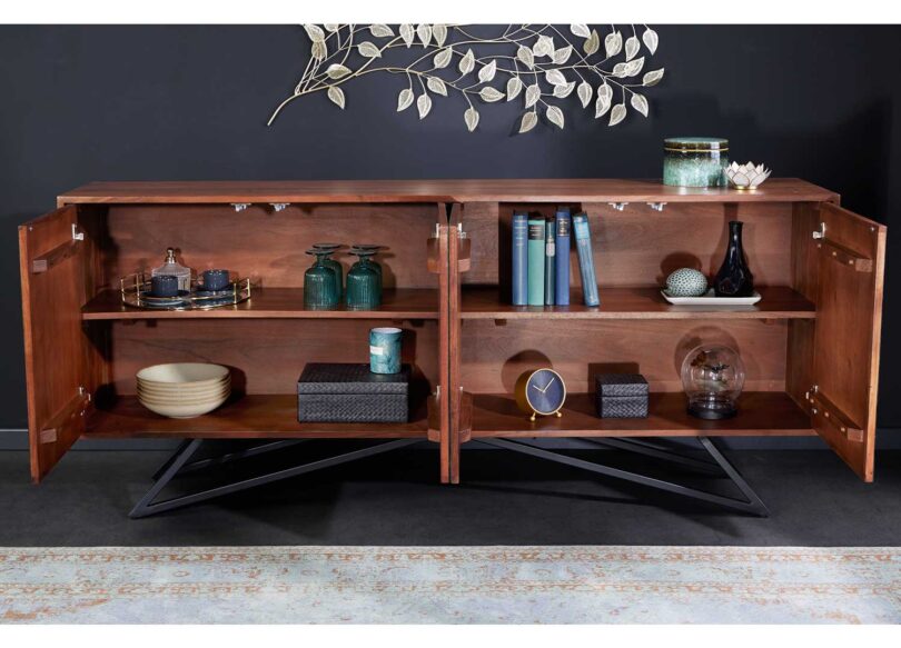 Meuble buffet ouvert en bois d'acacia massif et pierre naturelle