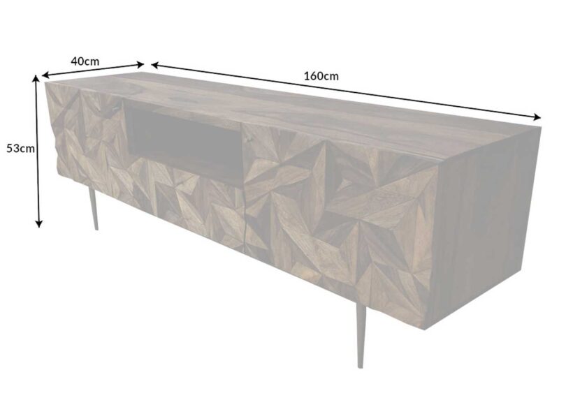 Dimensions du meuble tv en bois massif de sesham avec décor 3d en façades