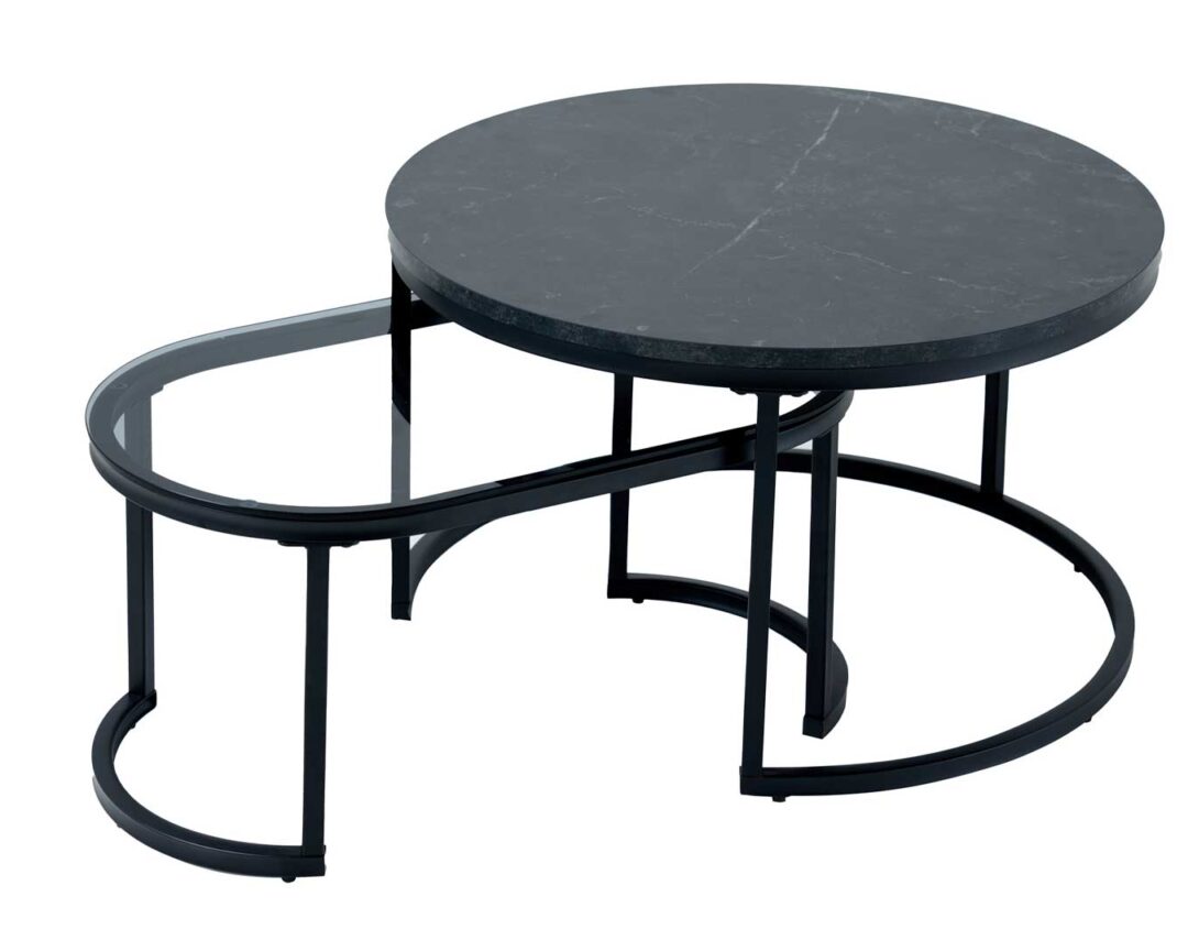 Tables basses ronde aspect marbre foncé et métal noir