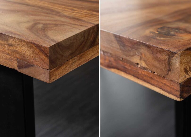 Zoom sur les coins du plateau de table en bois de sesham massif