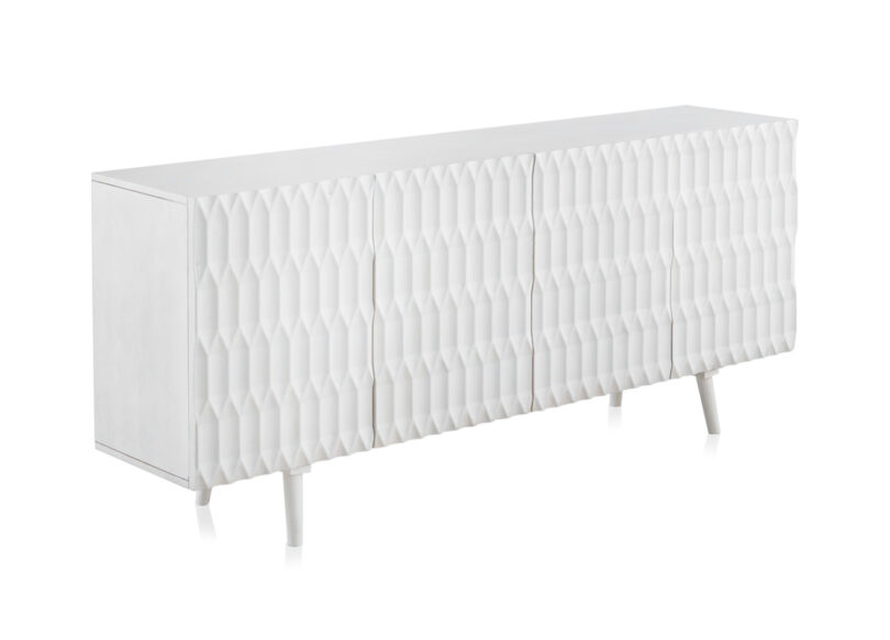 Buffet en bois blanc massif 177cm façades en reliefs desgin