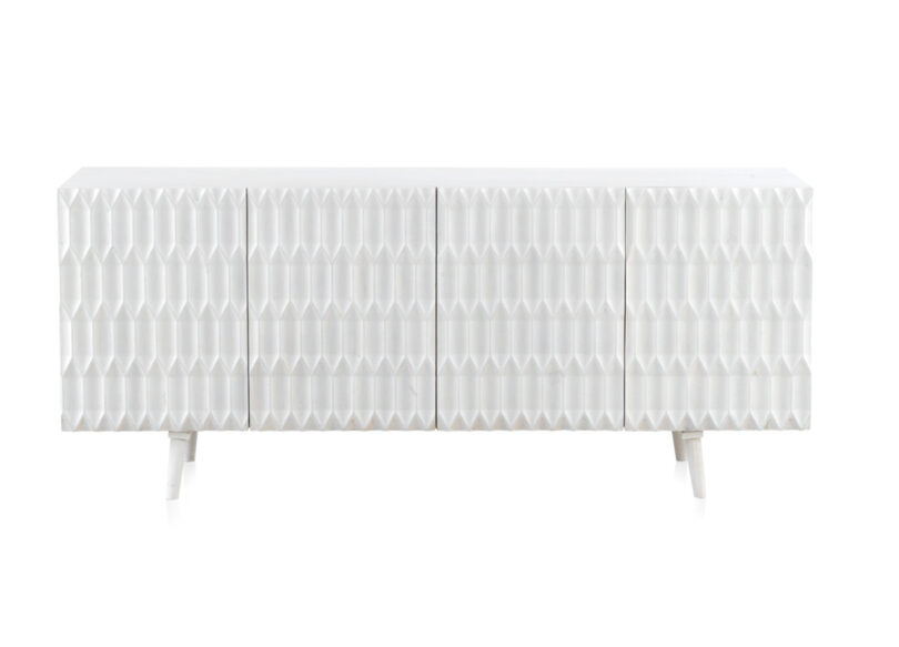 Buffet en bois blanc massif 177cm façades en reliefs desgin