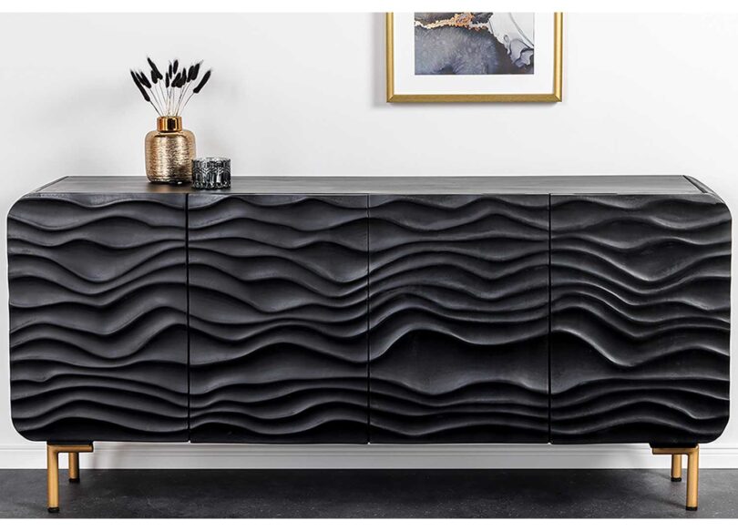 Buffet en bois de manguier foncé 160cm façades avec reliefs