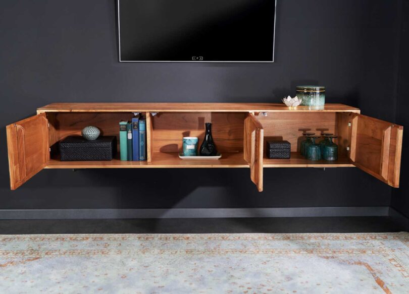 Meuble tv mural en bois d'acacia et pierre naturelle 160cm