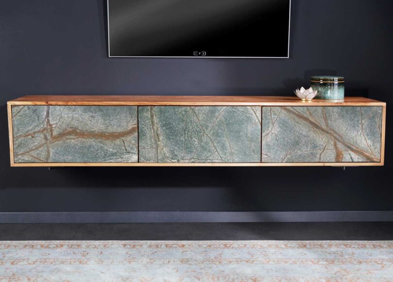 Meuble tv mural en bois d'acacia et pierre naturelle 160cm