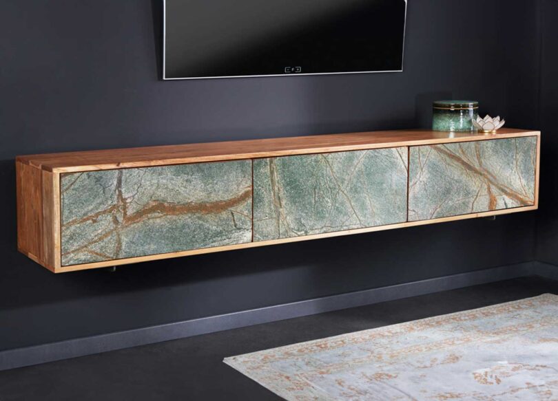 Meuble tv mural en bois d'acacia et pierre naturelle 160cm