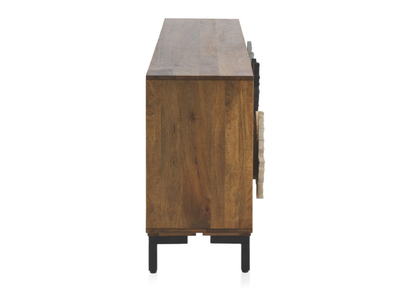 Meuble buffet en bois massif de manguier 177cm décor feuilles d'érables en façades