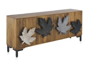 Meuble buffet en bois massif de manguier 177cm décor feuilles d'érables en façades