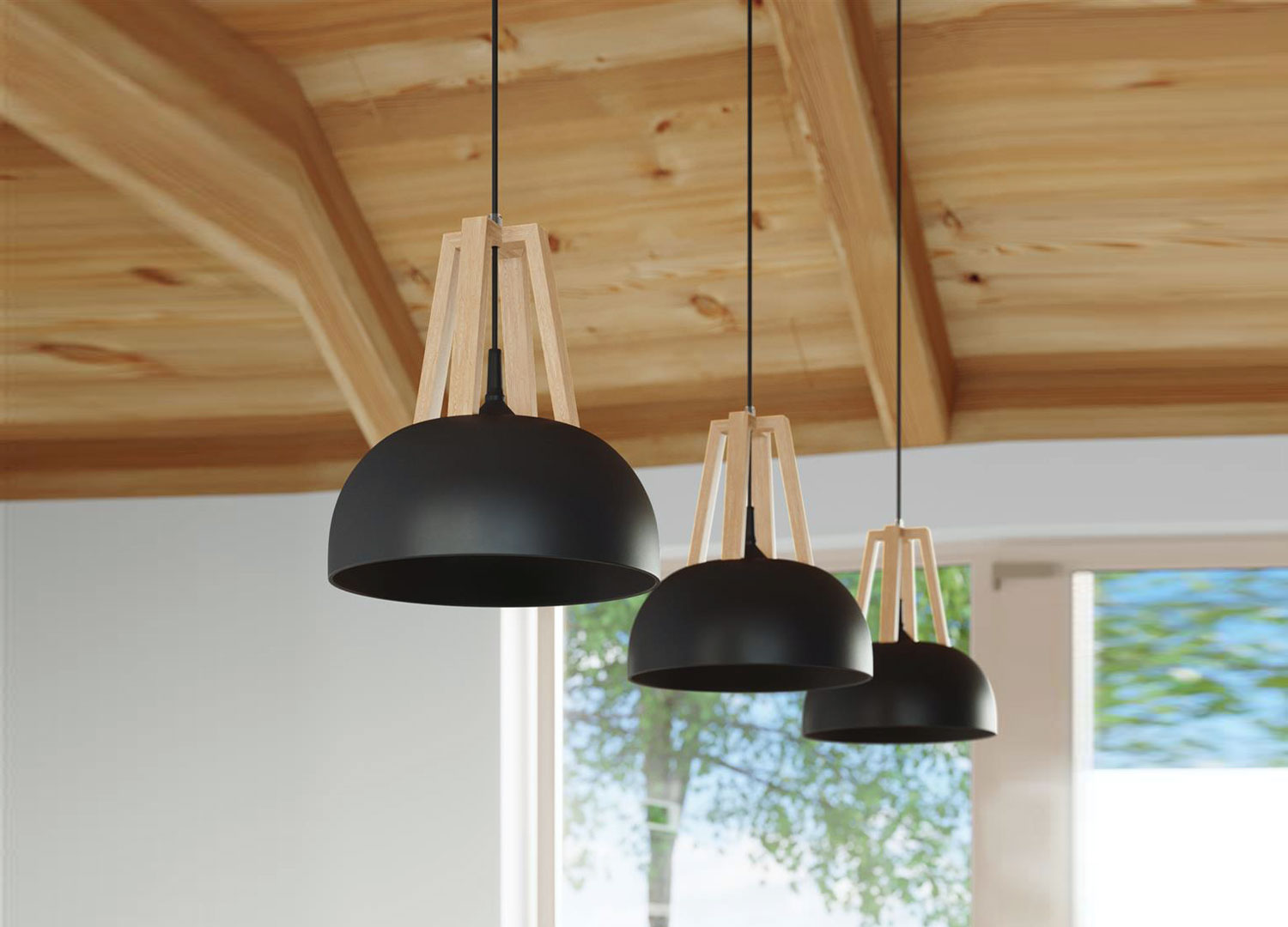 Lampe suspendue en métal noir et bois industrielle