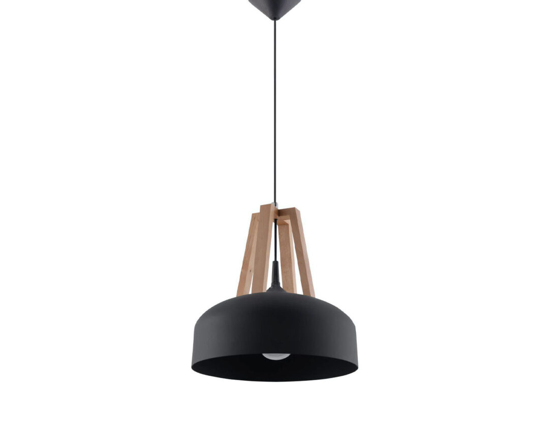 Lampe suspendue en métal noir et bois industrielle